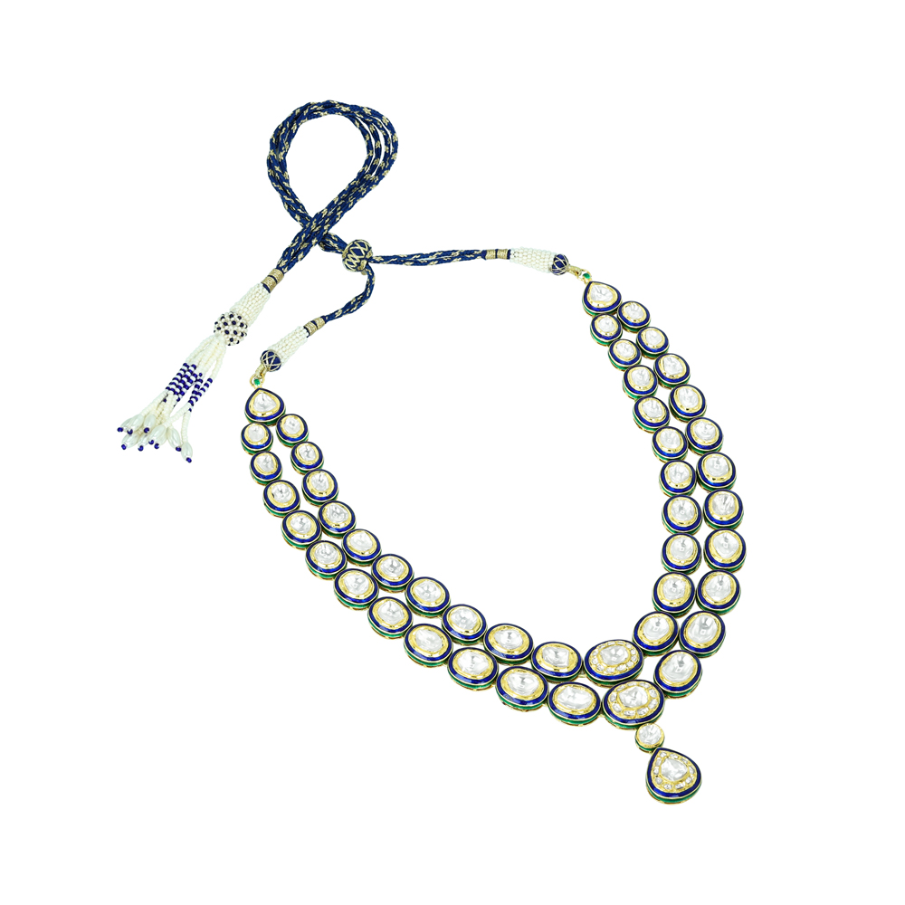 Twin-Line Polki Necklace with Blue Enamel and Pear Pendant